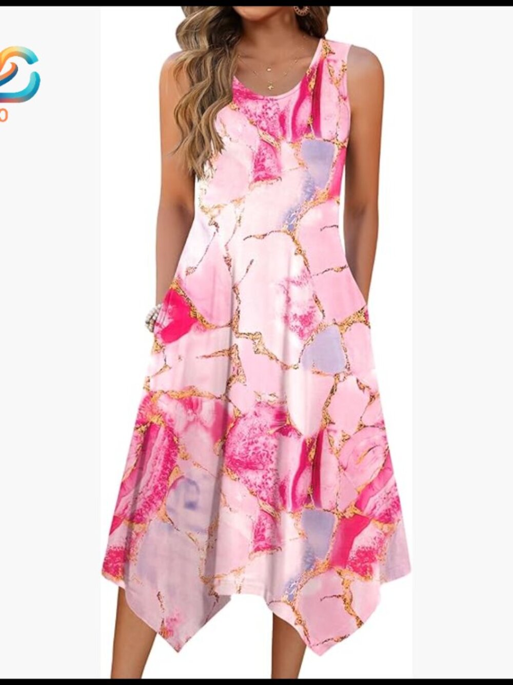 Flowy Midi Sundress With Pockets, Polyester Spandex, Casual Beach Dress